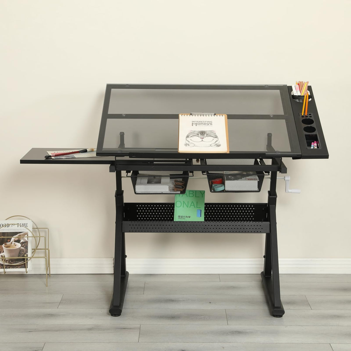 Drafting Table, Adjustable Height Drawing Table Art Table Painting Table Art Craft Desk with 0-75Â° Tilting Glass Tabletop and Storage Drawers, Black