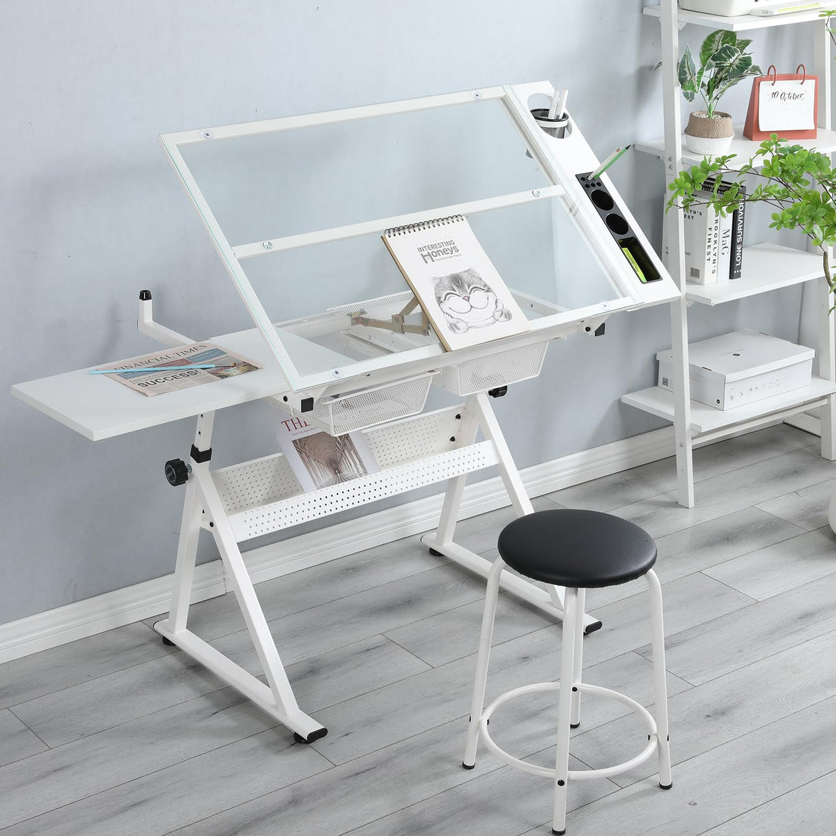 GarveeHome Drafting Table w/Stool, Height Adjustable Multifunctional Art Craft Artists Desk Tilting Glass Tabletop Diamond Paintings Work Station w/2 Storage Drawers for Home Office (Black-1)