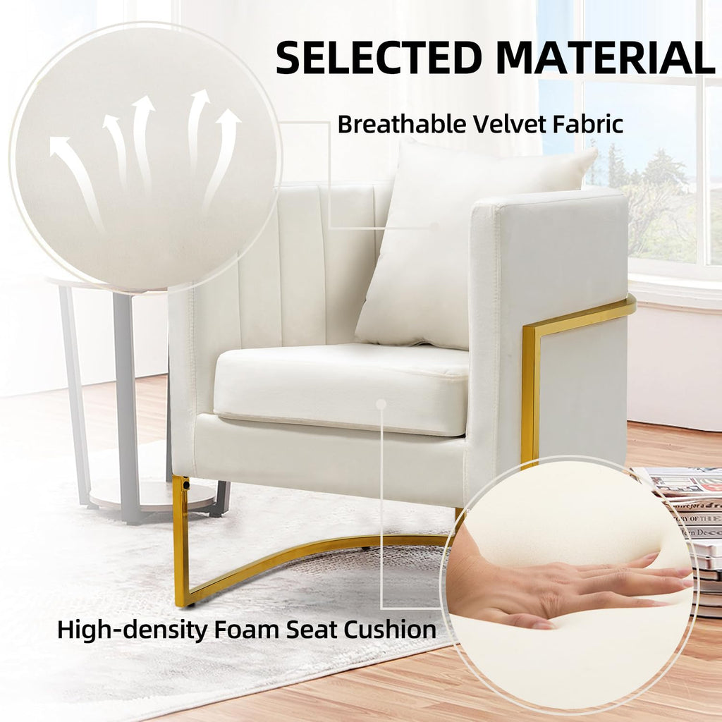 Velvet Accent Barrel Chairs Set of 2, Modern Arm Club Chair Set with Pillow for Living Room/Bedroom/Guest Reception, Channel Tufted, Gold Finish Base, Orange