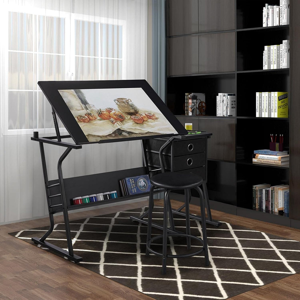 Yaheetech Tilting Drafting Table Art Craft Desk with Stool, Drawers, Black