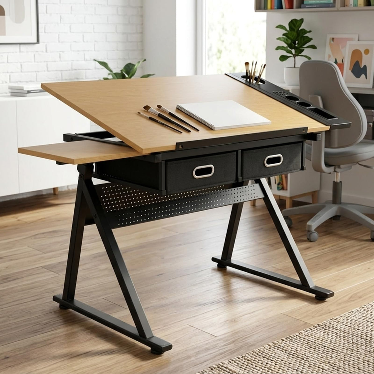 Adjustable Drafting Table, Tiltable Art Drawing Desk with 2 Storage Drawers & Stool, Multi-Functional Art Workstation for Artist Painting Craft Reading Writing (Black-B)