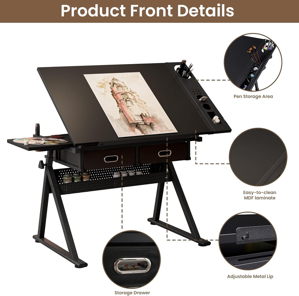 Height Adjustable Art Table Drafting Table with Stool, Rustic