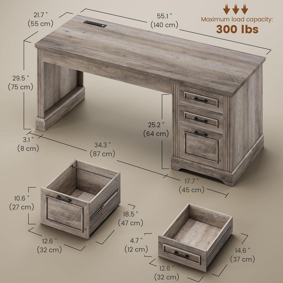 Itaar Farmhouse L Shaped Desk, Executive Computer Desk with Drawers and Storage Cabinet, Home Office Desk with File Drawer and Power Outlet, Corner Desk, Workstation for Office Home, Grey