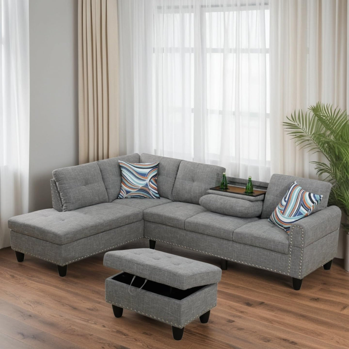 97.5" L-Shaped Modular Sectional Sofa with Movable Chaise & Storage Ottoman, 3 Piece Convertible Leather Couch, 4 Seat Gloss Black Living Room Furniture Set for Apartment Home Office