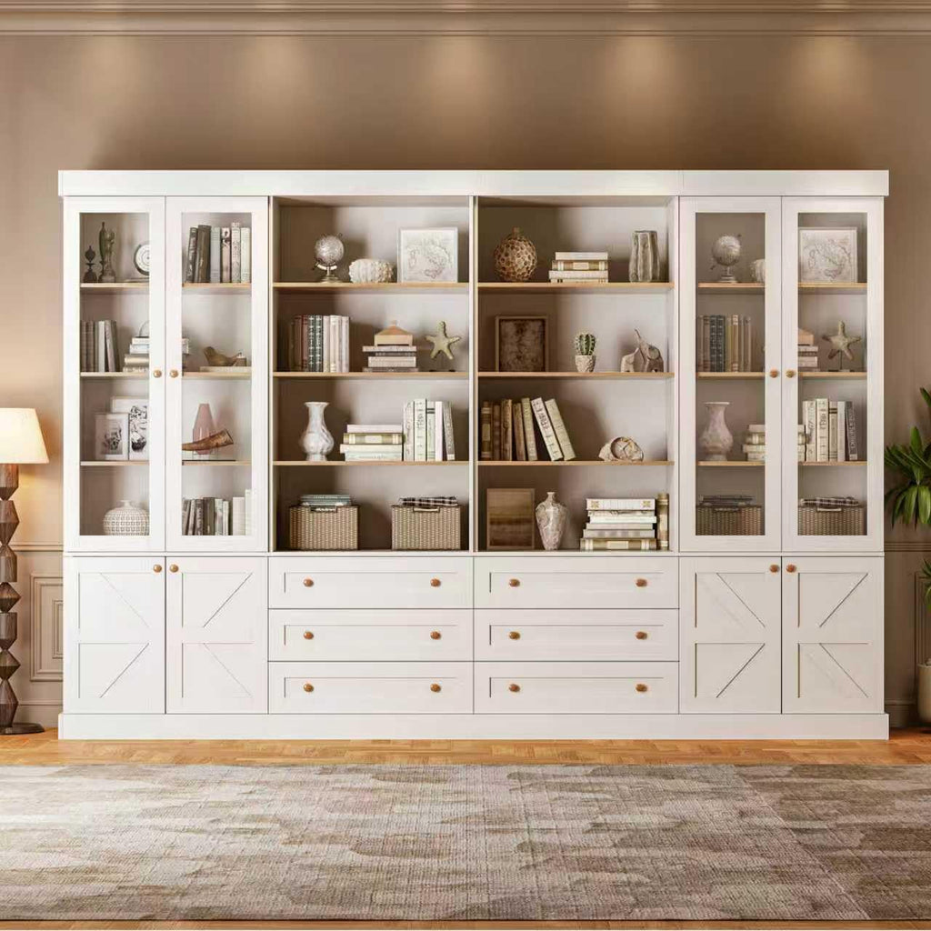 Vyre 71" Tall Farmhouse Bookshelves with Drawers, Set of 3 â Large Modular Bookcase with Adjustable Shelves, Storage Cabinet for Living Room, Kitchen, Home Office, Brown