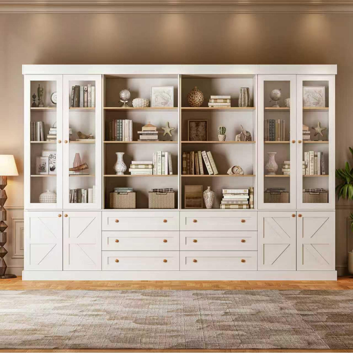 Vyre 71" Tall Farmhouse Bookshelves with Drawers, Set of 3 â Large Modular Bookcase with Adjustable Shelves, Storage Cabinet for Living Room, Kitchen, Home Office, Brown