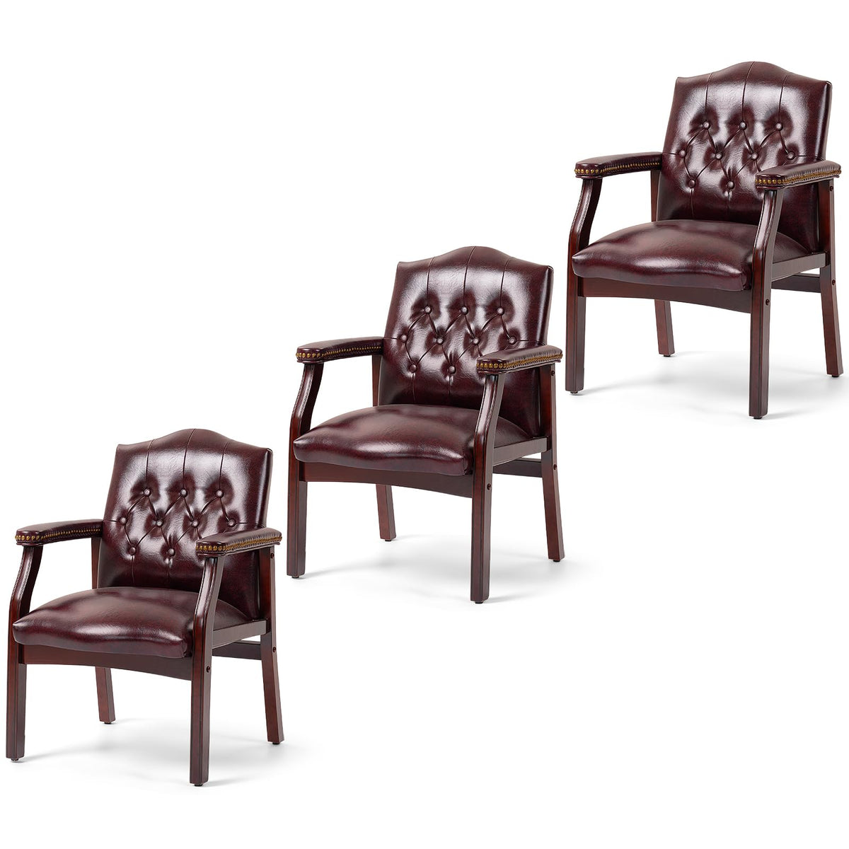 Leather Office Guest Chairs Set of 2, Ergonomic Waiting Room Chair with Arms Reception Chairs No Wheels Conference & Meeting Side Chairs Executive Furniture (Burgundy)