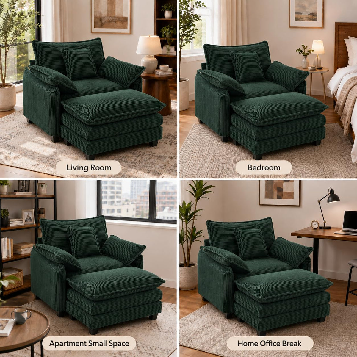 Oversized Chair with Ottoman, Corduroy Reading Chair with Footrest, Comfy Accent Armchair for Living Room Bedroom, Single Sofa Lounge Chair, 350 lbs (Orange)