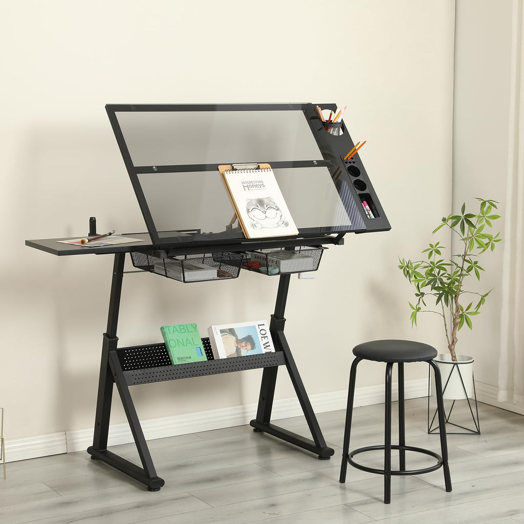 Height Adjustable Drafting Art Table for Adults, White Tempered Glass Drafting Drawing Printing Table Desk with Stool, 0-75Â° Tilting Tabletop Art Drawing Table for Drawing,Hand Crank