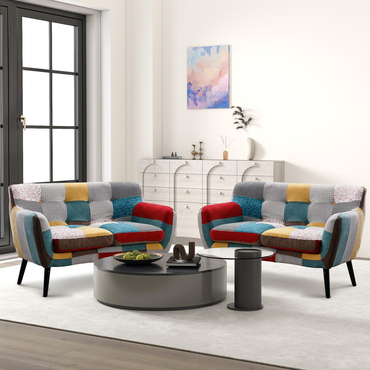 Bonzy Home Modern Colorful 2 Piece Coroful Fabric Sofa Set, Included Accent Chairs and Boho Loveseat Sofa, Linen Patchwork Plaid Couches with Rubberwood Legs and Removable Upholstered for Living Room