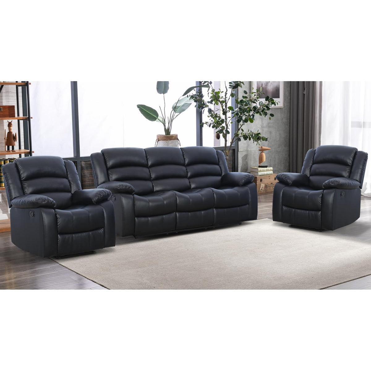 EBELLO Manual Faux Leather Reclining Couch Set for Living Room, Include 1 Recliner Chair, 1 Loveseat Sofa, Recliner Sofa Furniture Set for Home and Office, Black