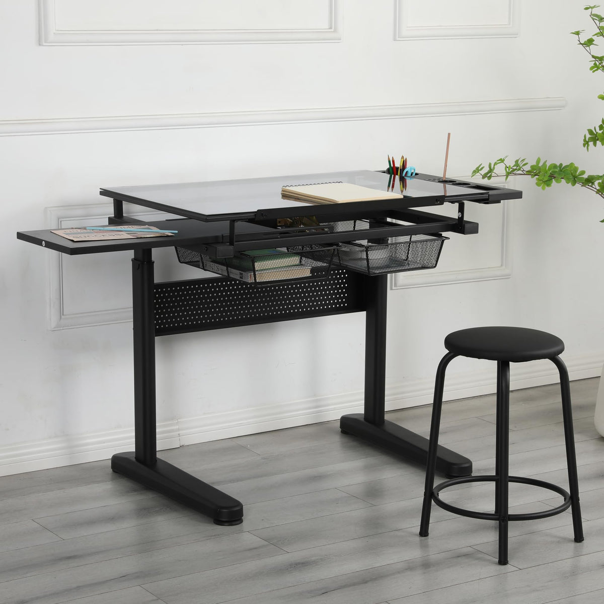 Adjustable Drawing Table for Artists | Drafting Desk with Tilted Glass Top | Art & Craft Table for Adults (Black, Classic Pro-27.16''- 35.82'' H)