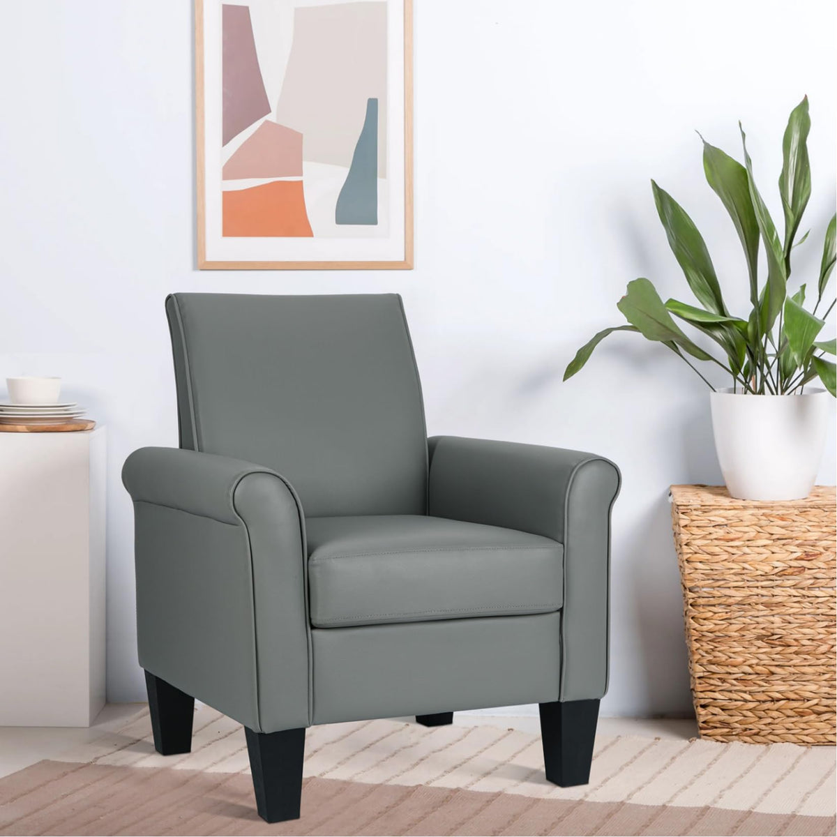 Faux Leather Accent Chair Set of 2, Mid Century Modern Living Room Chair, Upholstered Comfortable PU Leather Armchair for Bedroom, Office or Waiting Areas-Black