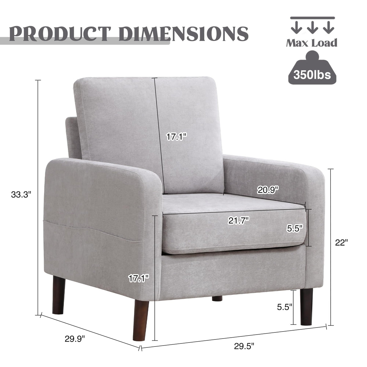 Accent Chair Set of 2, Upholstered Living Room Chairs with Wood Legs and Side Pockets, Modern Reading Chair for Bedroom, Armchair Single Sofa Side Chair for Office, Small Room, Dark Grey