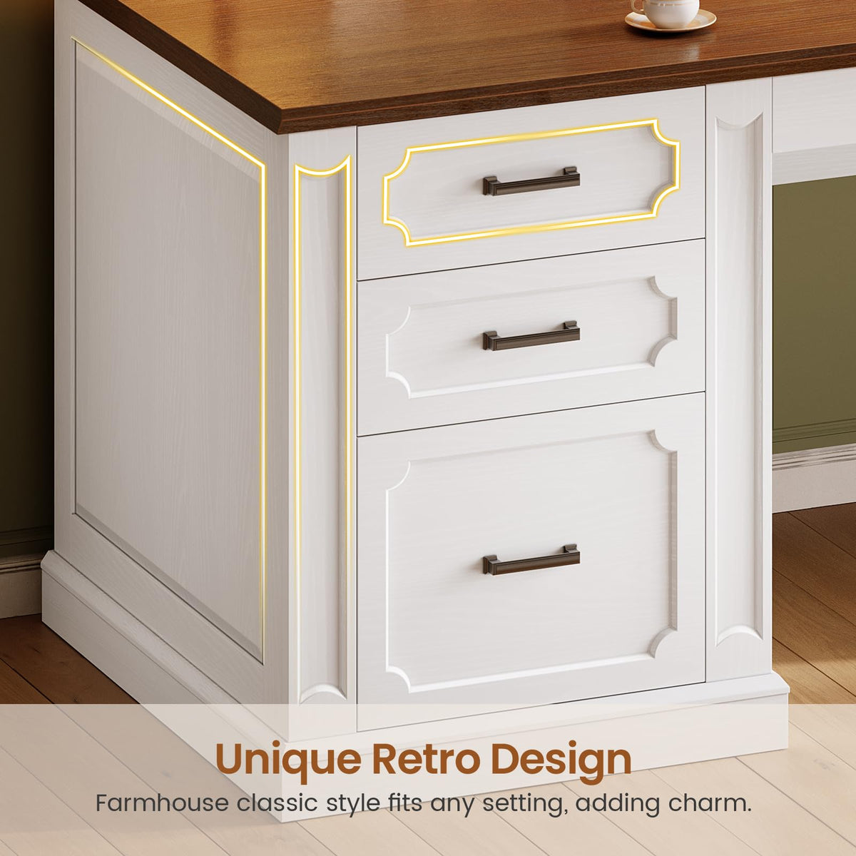 SEDETA Farmhouse 70.9" Executive Desk, Home Office Desk with File Drawers and Storage Cabinet, Computer Desk with Power Outlet for Home Office, Work Study Writing, Black+Brown