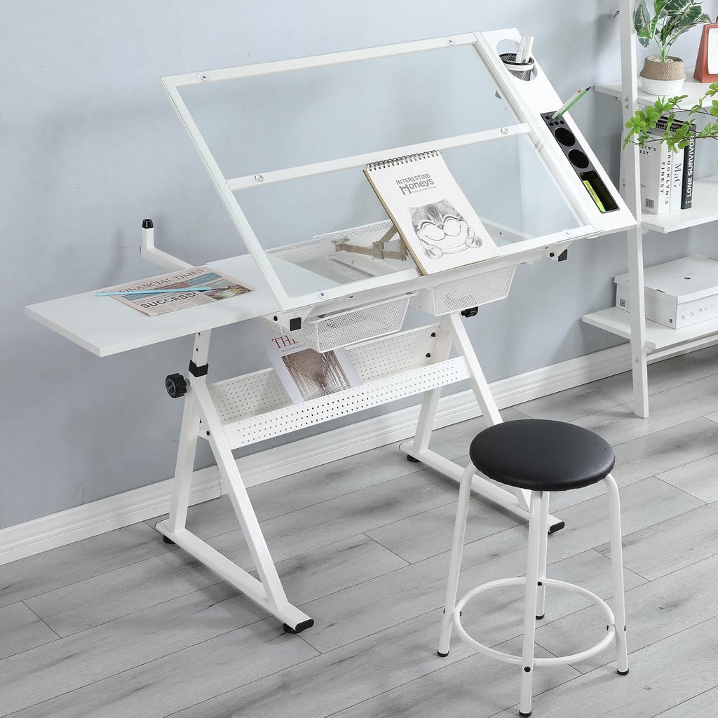 White Drafting Table with Stool, Height Adjustable Art Craft Desk with Tilting Tempered Glass Tabletop, Expansion Board, Multi-Storage, Drawing Table for Studio, Artists, Home Office, Painters, White