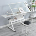 White Drafting Table with Stool, Height Adjustable Art Craft Desk with Tilting Tempered Glass Tabletop, Expansion Board, Multi-Storage, Drawing Table for Studio, Artists, Home Office, Painters, White