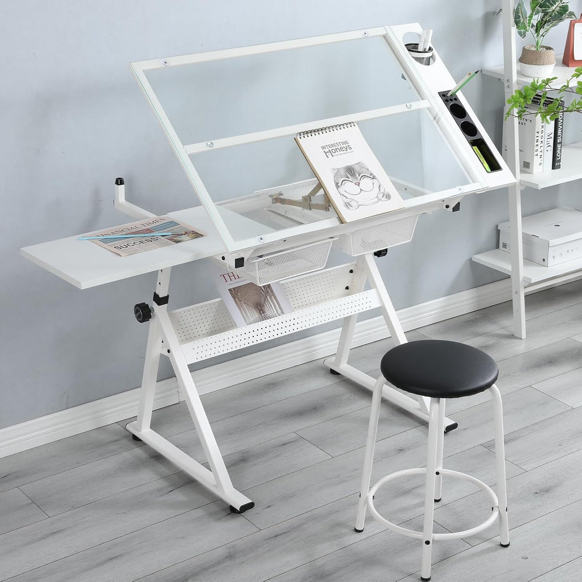 White Drafting Table with Stool, Height Adjustable Art Craft Desk with Tilting Tempered Glass Tabletop, Expansion Board, Multi-Storage, Drawing Table for Studio, Artists, Home Office, Painters, White