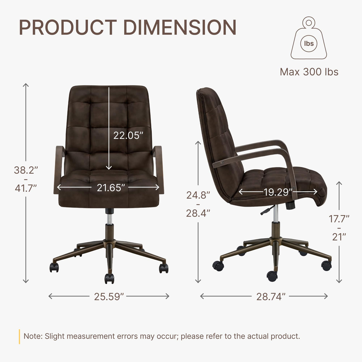KISLOT Home Office Desk Chair, Ergonomic Office Chair with Lumbar Support, Adjustable Swivel Computer Chair with Wheels, Faux Leather Executive Task Chair with Wood Arms, Set of 2, Brown
