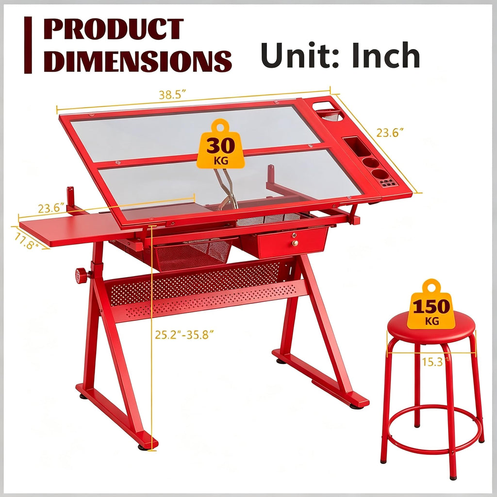 Drafting Table, Adjustable Height Drawing Table Art Table Painting Table Art Craft Desk with 0-75Â° Tilting Glass Tabletop and Storage Drawers, Black
