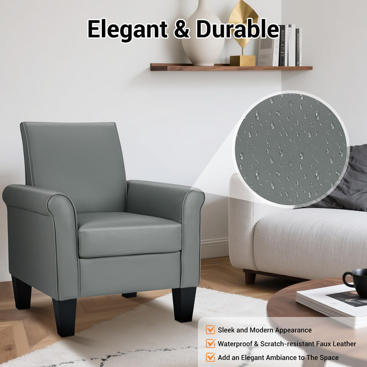 Faux Leather Accent Chair Set of 2, Mid Century Modern Living Room Chair, Upholstered Comfortable PU Leather Armchair for Bedroom, Office or Waiting Areas-Black