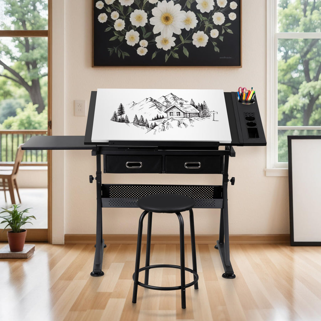 ZENY Adjustable Drafting Table with Stool Tilting Drawing Desk Artist Table
