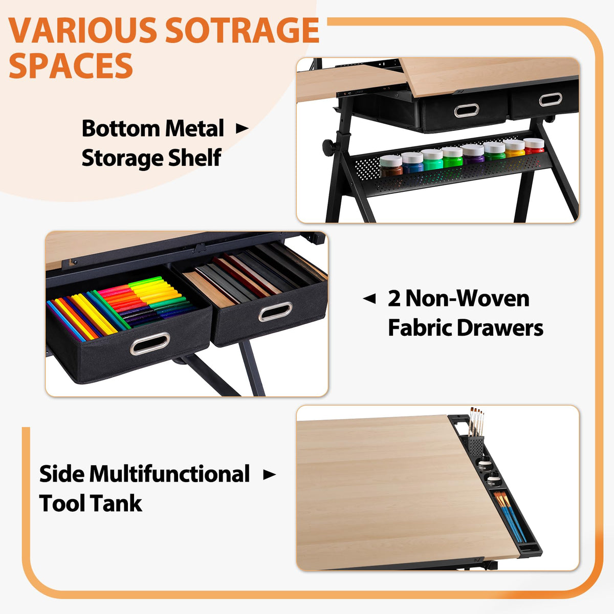 SUPER DEAL Drafting Table Set with Charging Station, Height Adjustable Tilting Drawing Desk Artist Desk with Stool Multifunctional Art Craft Workstation with 2 Storage Drawers for Home Office School