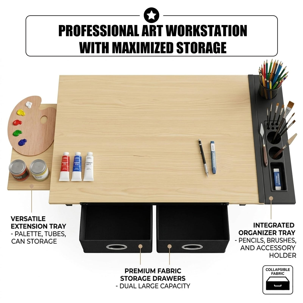 Adjustable Drafting Table, Tiltable Art Drawing Desk with 2 Storage Drawers & Stool, Multi-Functional Art Workstation for Artist Painting Craft Reading Writing (Black-B)