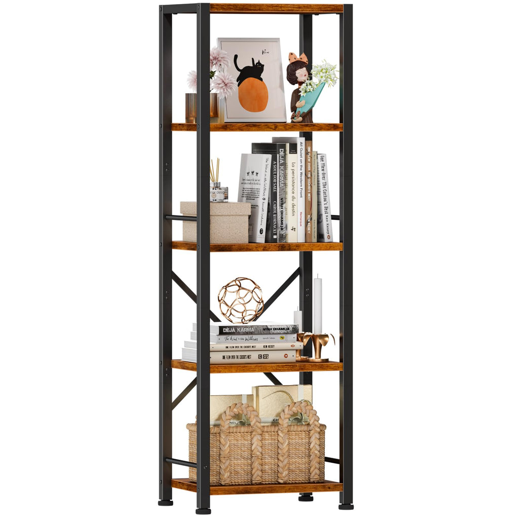 Furologee 5 Tier Book Shelf Set of 2, Tall Wide Bookshelf, Rustic Brown