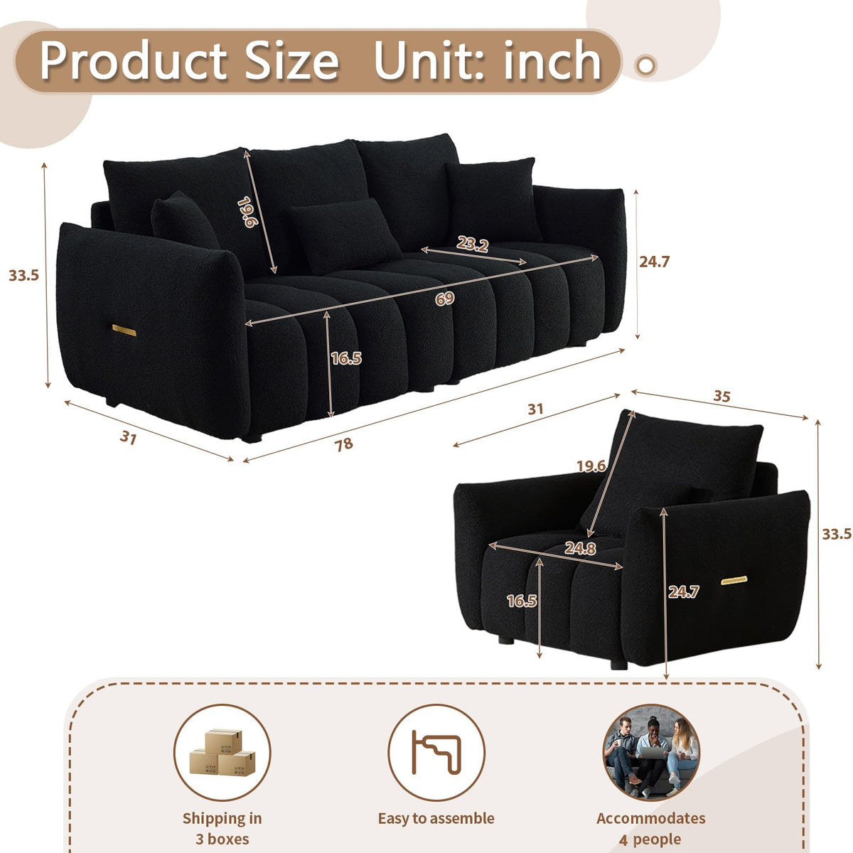 Antetek Teddy Fabric Sofa Set for Living Room, 2 Pieces Modern Deep Seat Oversized 3-Seater Cloud Boucle Couch for Bedroom, Office, Apartment, Furniture Set, 78-inch, Black (2 Pieces)