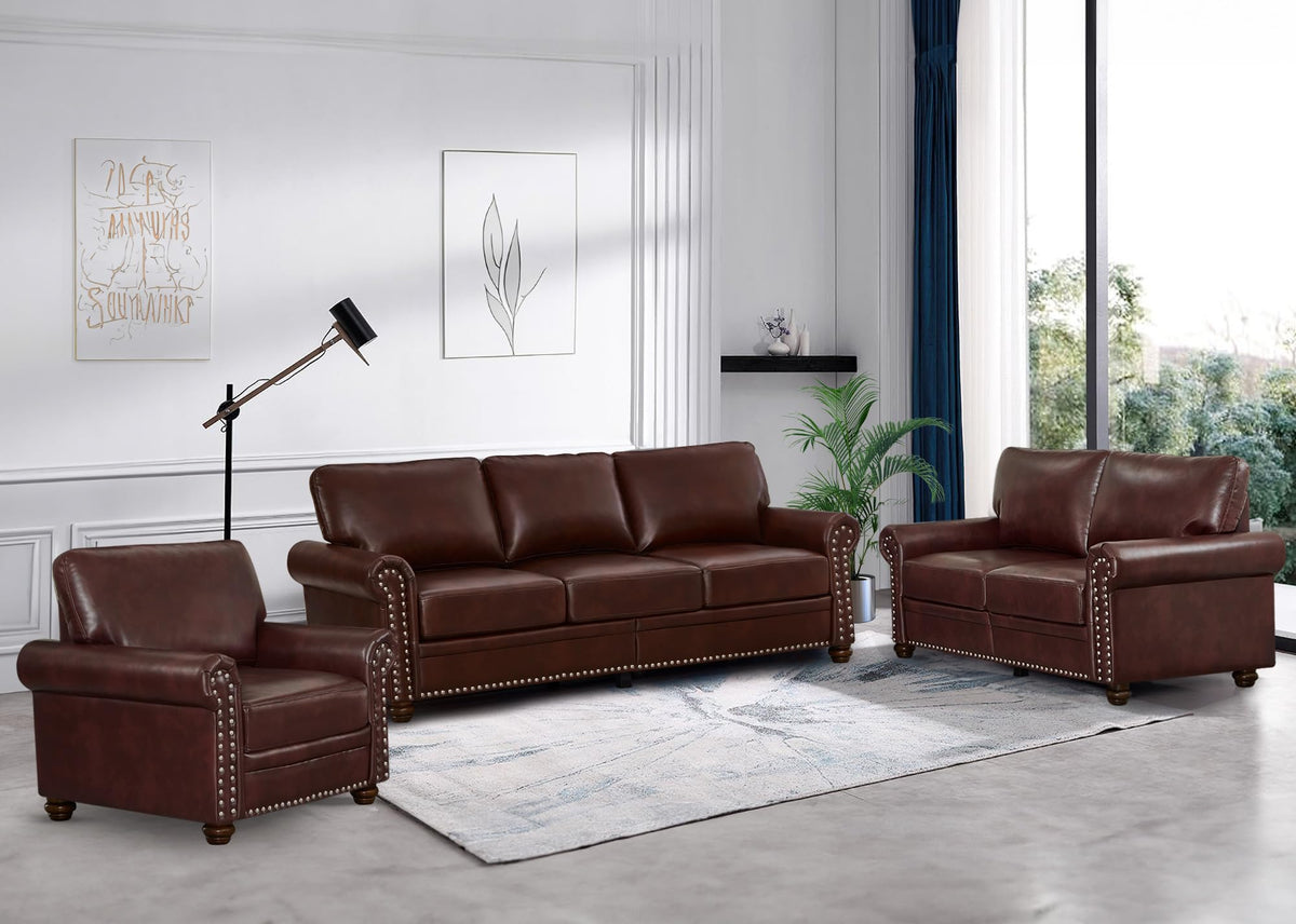 2 Piece Faux Leather Sofa Set,Modern Couch and Loveseat Sets with Storage,Mid Century Couch with Rivet Rolled Arm,Comfy Deep Seat Sofa,Furniture for Living Room,Office(Loveseat+3 Seater,Navy)