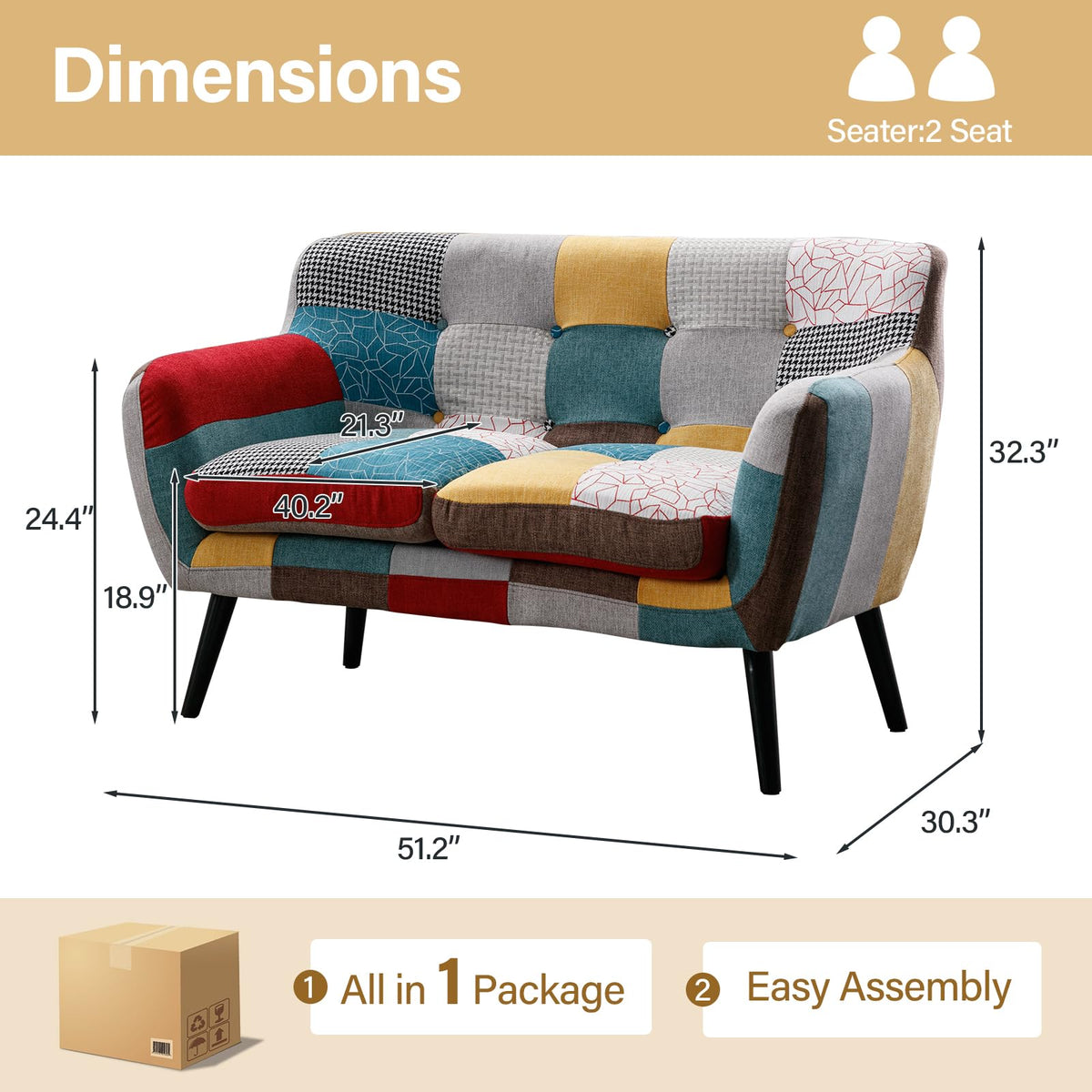 Bonzy Home Modern Colorful 2 Piece Coroful Fabric Sofa Set, Included Accent Chairs and Boho Loveseat Sofa, Linen Patchwork Plaid Couches with Rubberwood Legs and Removable Upholstered for Living Room