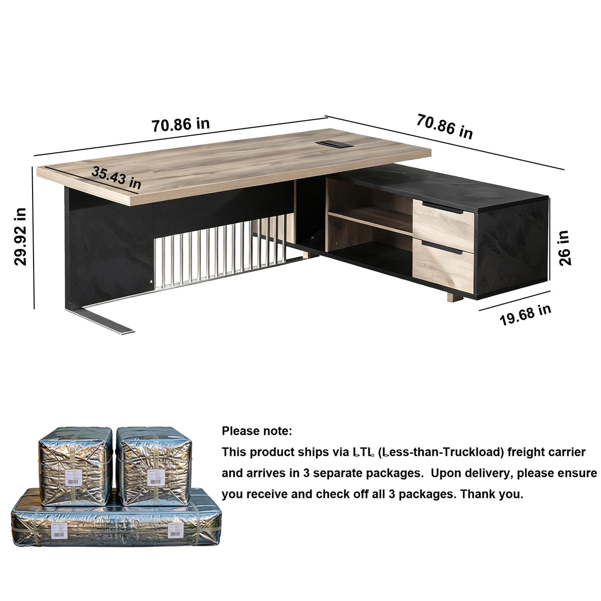 78.7 Inch Large Executive Desk with Drawers Cabinet, L Shaped Office Desk, Computer Desk with Universal Charging Ports and Cable Management for Business Furniture Set Workstation for Home Office