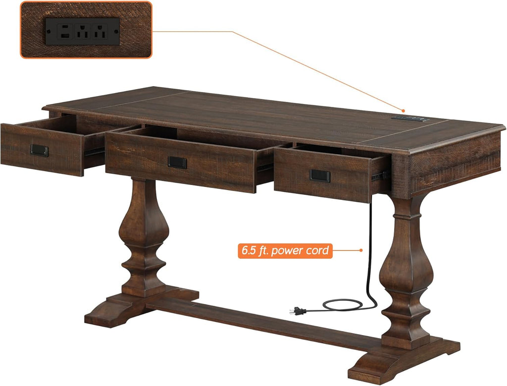 WAMPAT 60-inch Vintage Farmhouse Desk with Charging Station &3 Deep Drawers