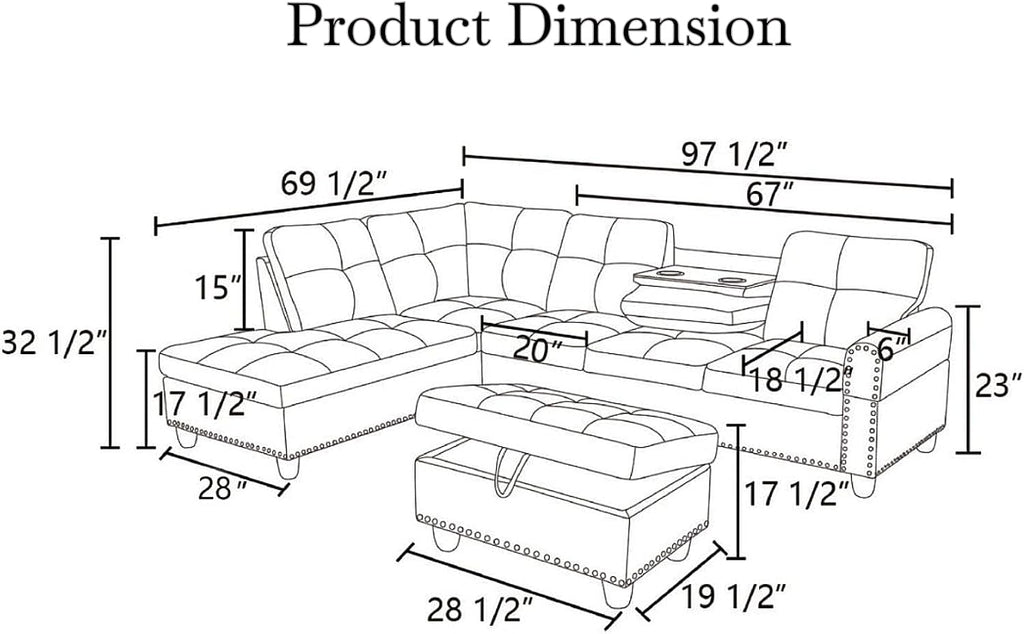 97.5" L-Shaped Modular Sectional Sofa with Movable Chaise & Storage Ottoman, 3 Piece Convertible Leather Couch, 4 Seat Gloss Black Living Room Furniture Set for Apartment Home Office