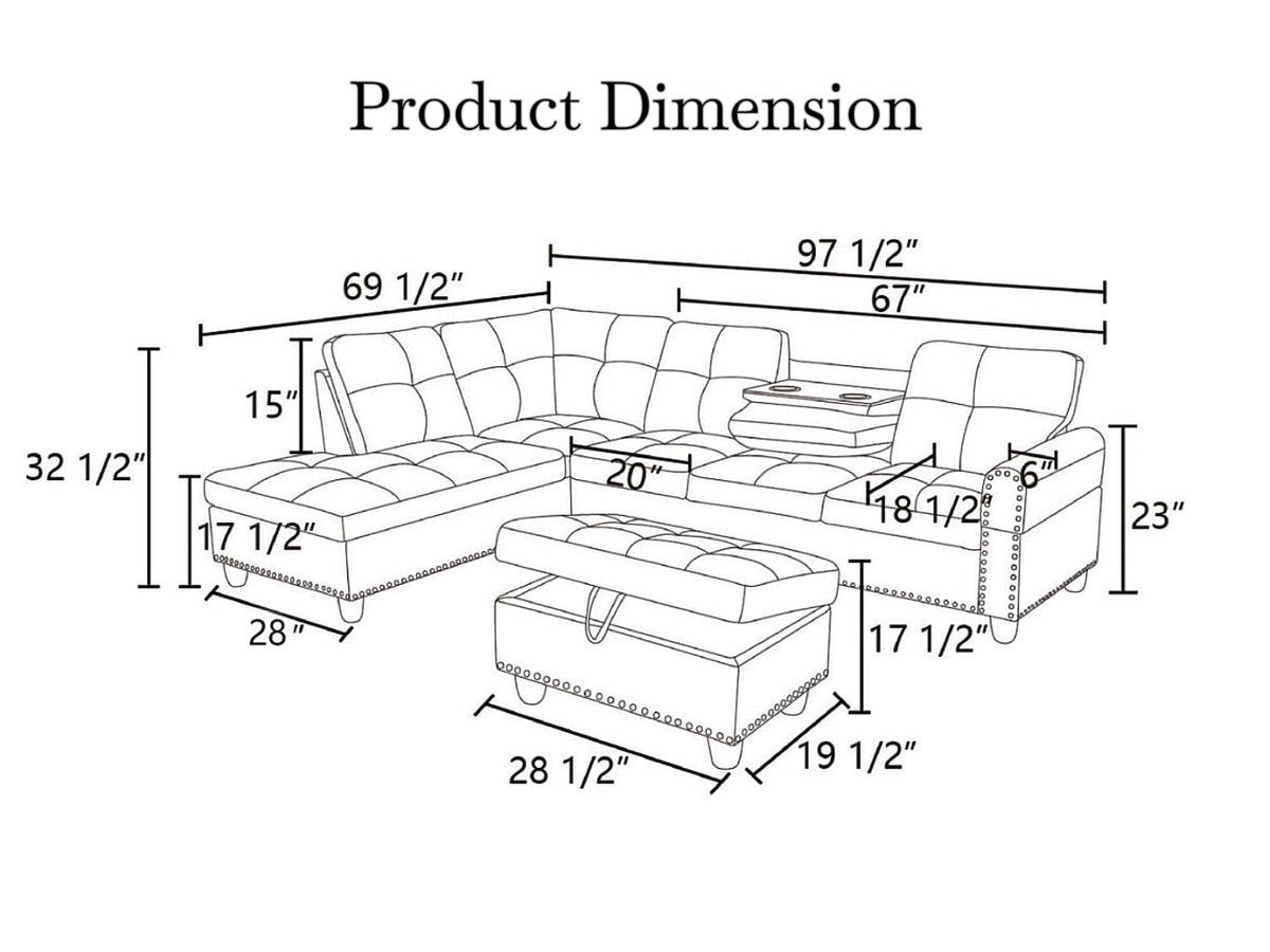 97.5" Leather L Shaped Couch with Left Chaise & Cup Holder, Sectional Sofas Modular Furniture Set with Storage Ottoman, Convertible Couches for Living Room, Office & Small Space (Black)