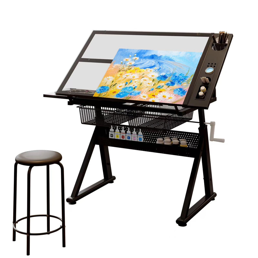 Adjustable Drawing Table for Artists | Drafting Desk with Tilted Glass Top | Art & Craft Table for Adults (Black, Classic Pro-27.16''- 35.82'' H)