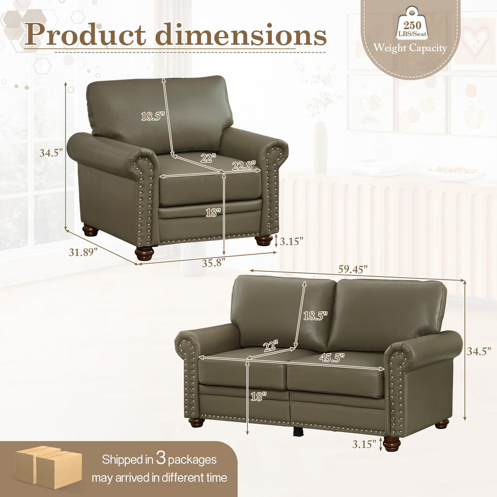 2 Piece Couch Sets for Living Room,Mid Century Modern Couch with Storage Nailhead Trim & Rolled Armrests,Deep Seat Comfy Couch,Furniture Set for Living Room,Bedroom,Office(Navy Blue,Loveseat+3 Seater)