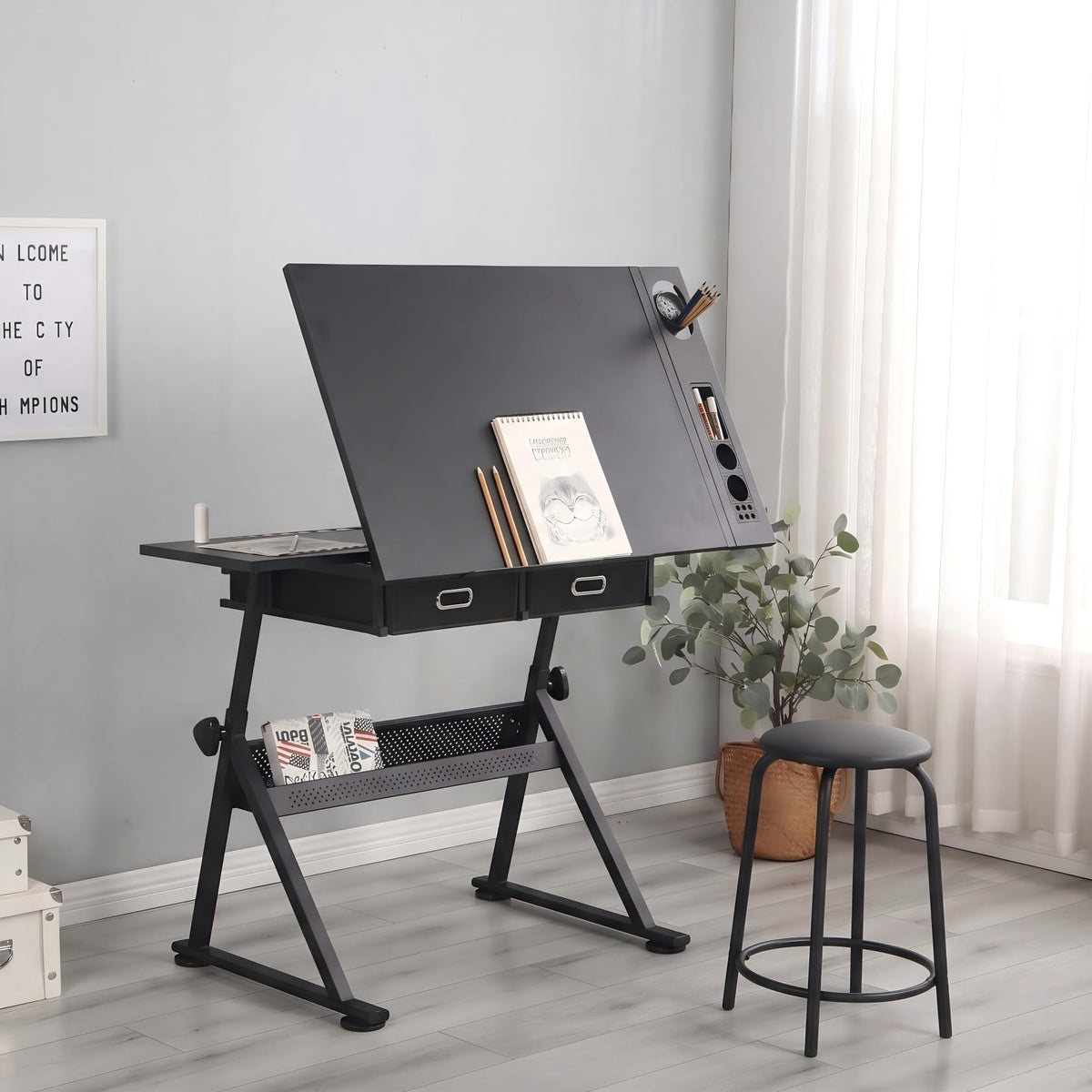 Adjustable Drawing Table with 3 Drawers & Stool, for Art & Work