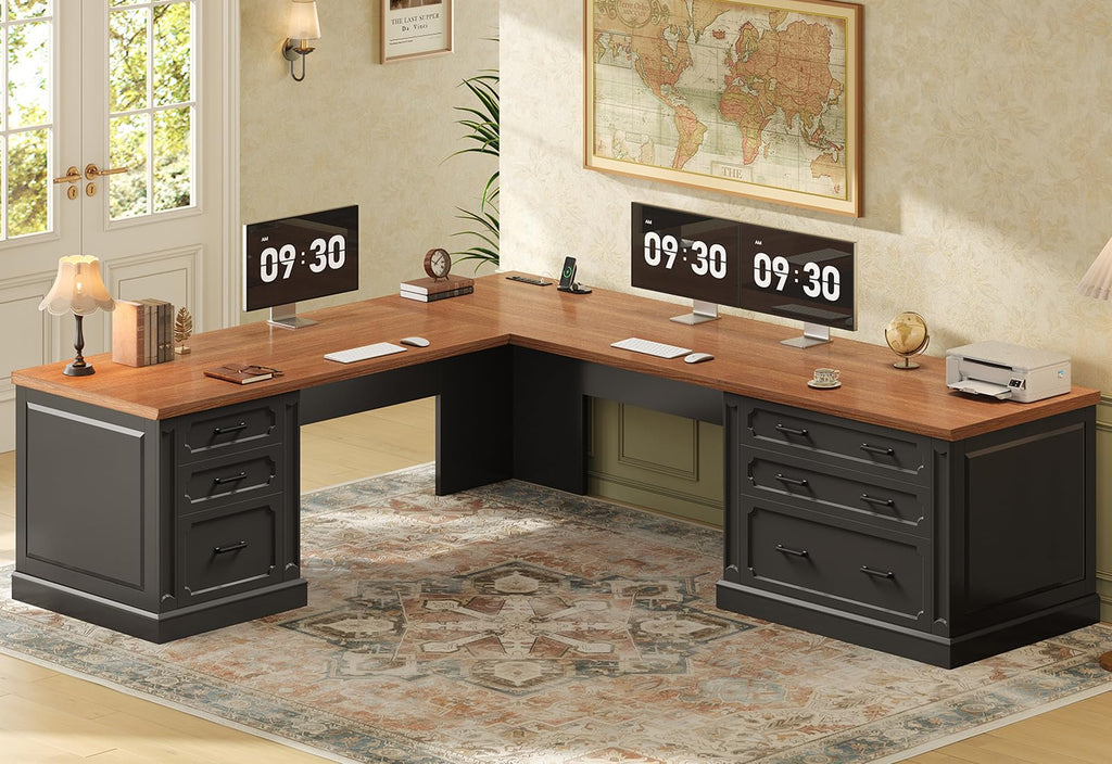 SEDETA Farmhouse 70.9" Executive Desk, Home Office Desk with File Drawers and Storage Cabinet, Computer Desk with Power Outlet for Home Office, Work Study Writing, Black+Brown