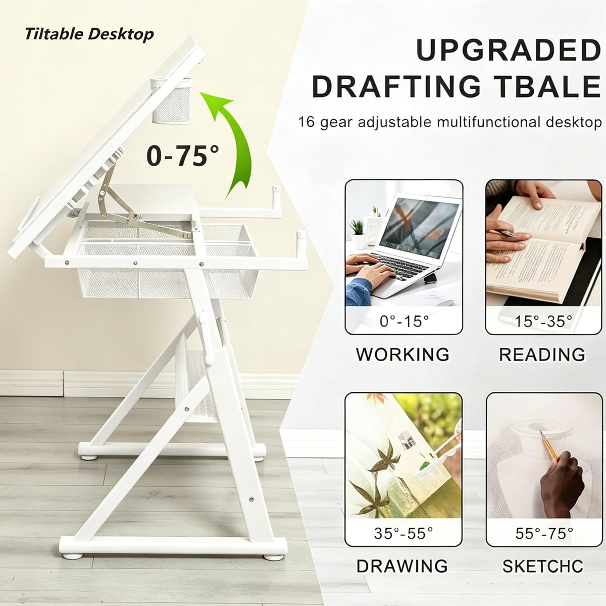 Drafting Table, Height Adjustable Art Tabe with Stool, Black