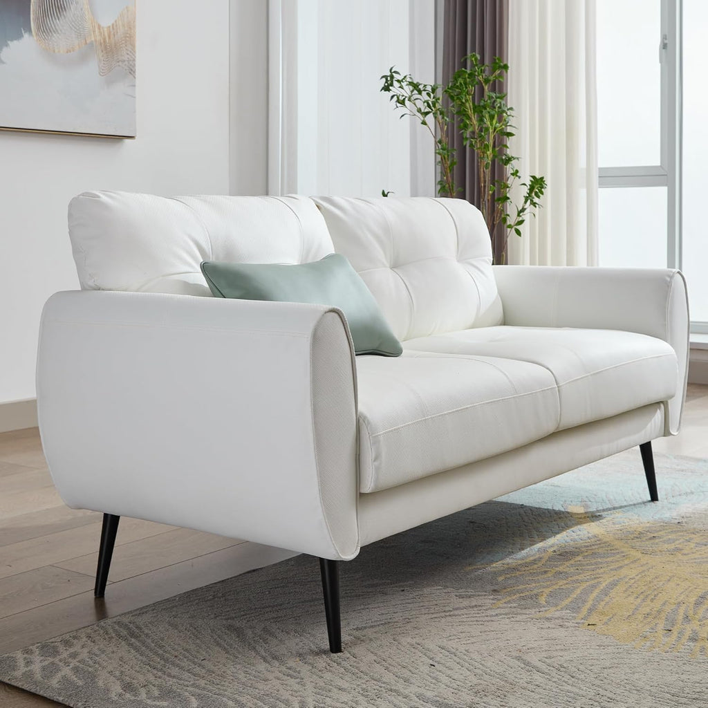TYBOATLE 2 Piece Furniture Sets, Small Loveseat for Living Room, White Faux Leather Couch Mid Century Modern Tufted Mini Sofa Comfy Office 2 Seat Love Seat for Small Spaces Bedroom