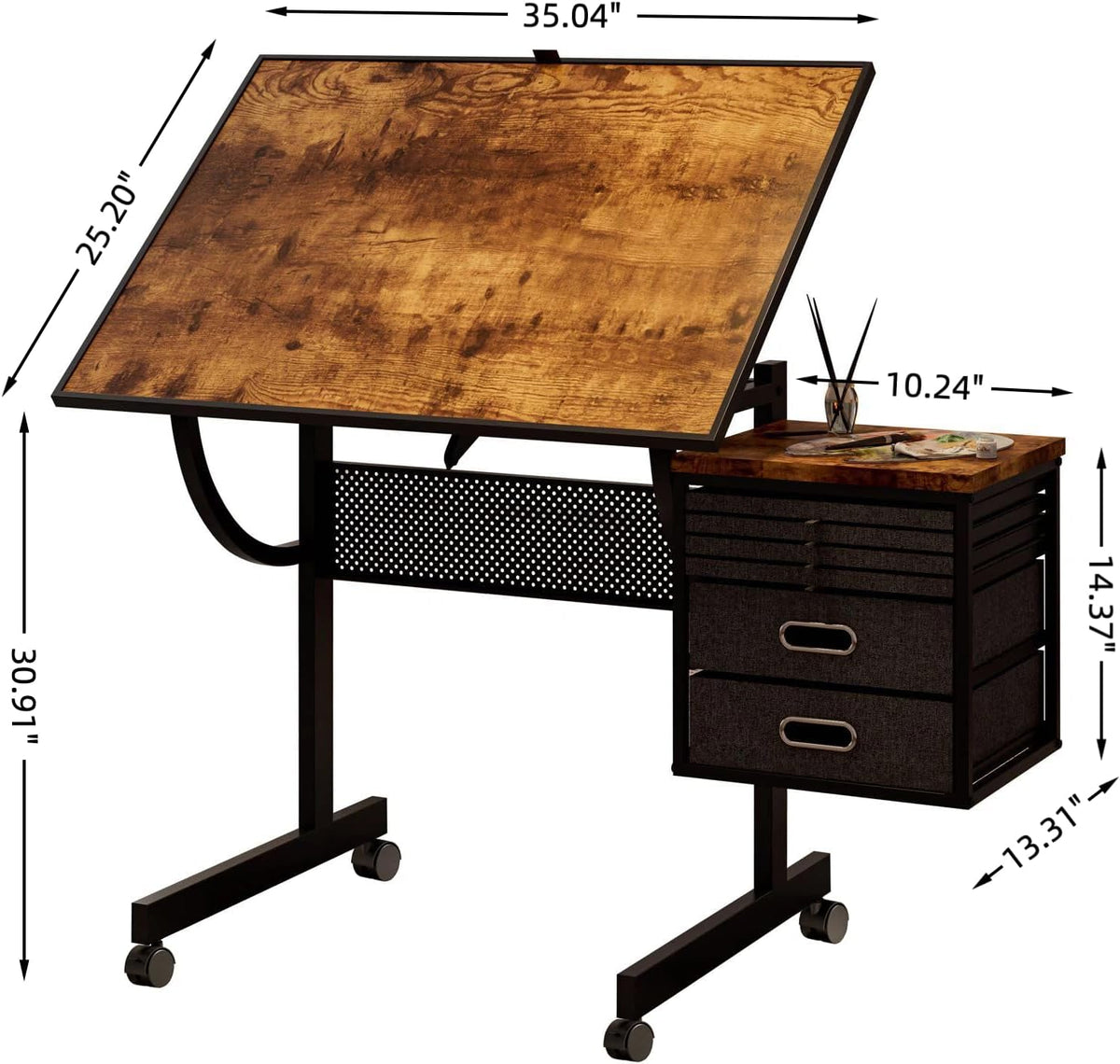 2 in 1 Puzzle Table Double-Sided with Wheels, Adjustable Drafting Desk with Drawers, Felt Storage Trays,, Art Table with 75Â° Tilted Tabletop, Painting Work Station for Home Office, Crafting, Brown