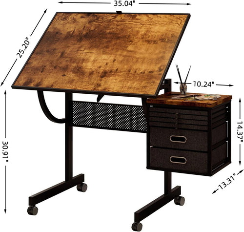 2 in 1 Puzzle Table Double-Sided with Wheels, Adjustable Drafting Desk with Drawers, Felt Storage Trays,, Art Table with 75Â° Tilted Tabletop, Painting Work Station for Home Office, Crafting, Brown