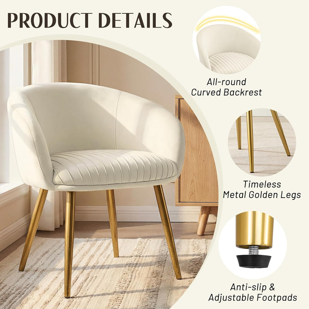 Accent Velvet Makeup Vanity Chairs Set of 2 Boucle Modern Tufted Girls Desk Chair No Wheels with Gold Metal Legs, 20" Extra Wide Armchair for Bedroom Bathroom Dining Room Living Room, Cream Beige