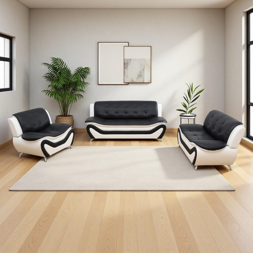 Leather Sectional Sofa Couches, Living Room Sofa and Loveseat Set, Faux Leather Couch and Loveseat Set for Office/Bedroom/Apartment, Cream
