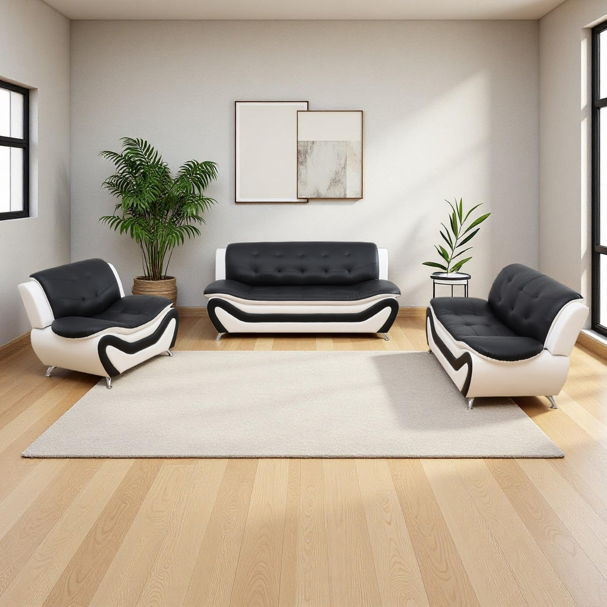 Leather Sectional Sofa Couches, Living Room Sofa and Loveseat Set, Faux Leather Couch and Loveseat Set for Office/Bedroom/Apartment, Cream