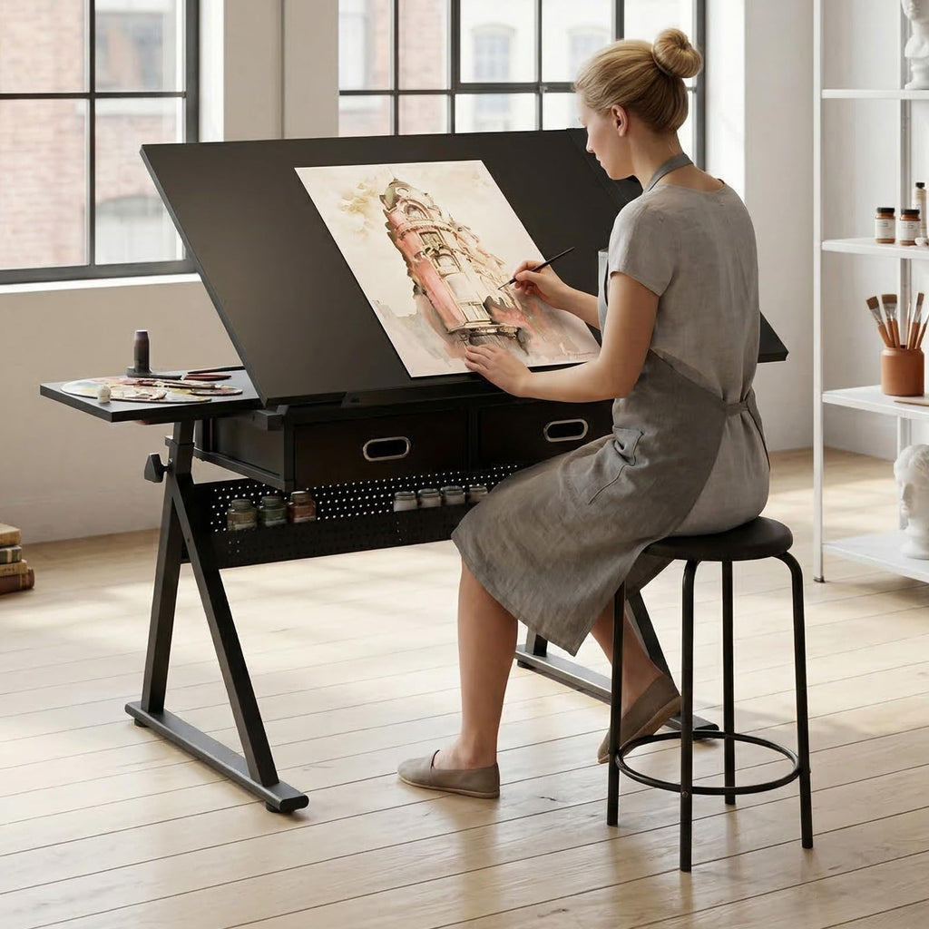 Drafting Table and Stool Set for Adults/Artists, Drawing Table with Adjustable Tabletop and Height, Art Workstation for Painters Crafting Reading Writing Home Office, All White