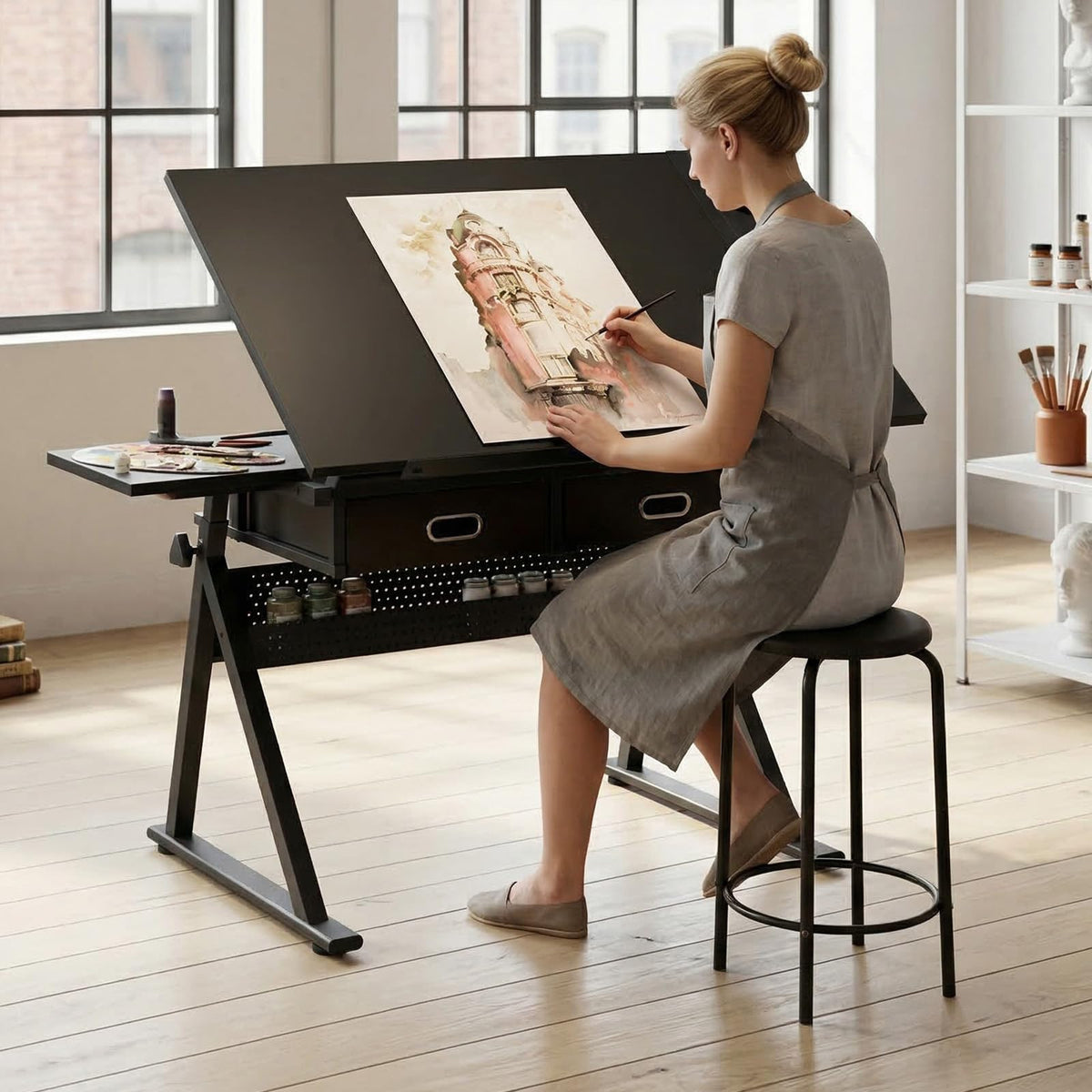 Drafting Table and Stool Set for Adults/Artists, Drawing Table with Adjustable Tabletop and Height, Art Workstation for Painters Crafting Reading Writing Home Office, All White