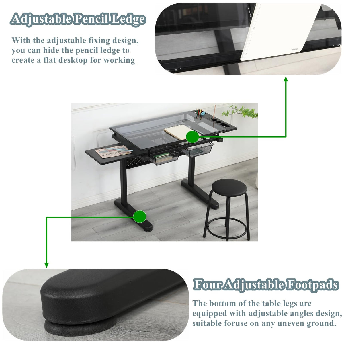 Drafting Table for Artists, Glass Drawing Table with Stool,T1-Black